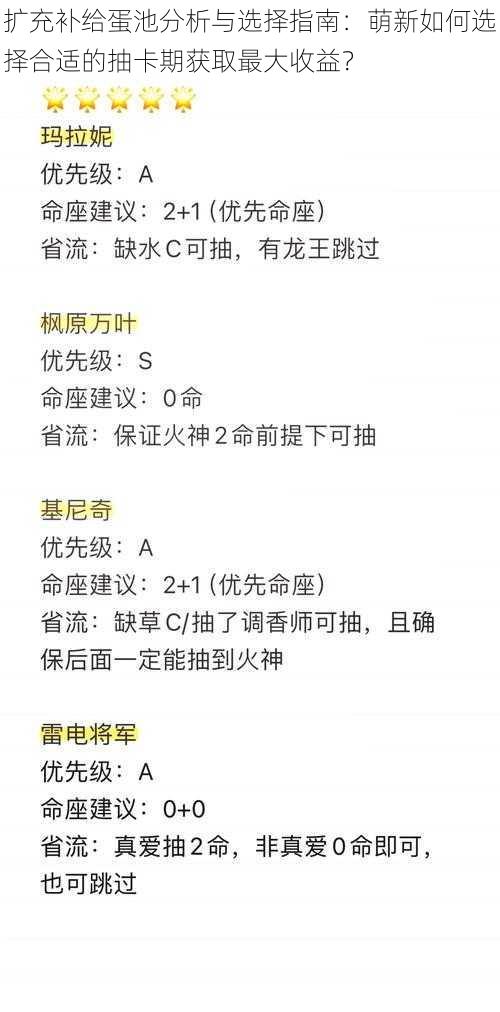 扩充补给蛋池分析与选择指南：萌新如何选择合适的抽卡期获取最大收益？