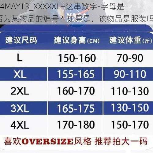 14MAY13_XXXXXL—这串数字-字母是否为某物品的编号？如果是，该物品是服装吗？